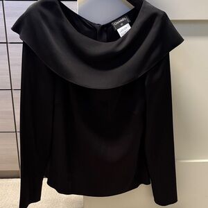 CHANEL Silk Black Off-Shoulder Draped Collar Blouse